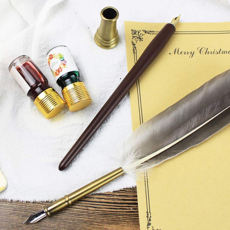 FEATTY GIFTS Calligraphy Pen Set,12-Piece Kit, 5 Nib & 5 Ink Set,Writing Quill Pen,Anitque Dip Feather Pen Set (wood+feather) - Image 5